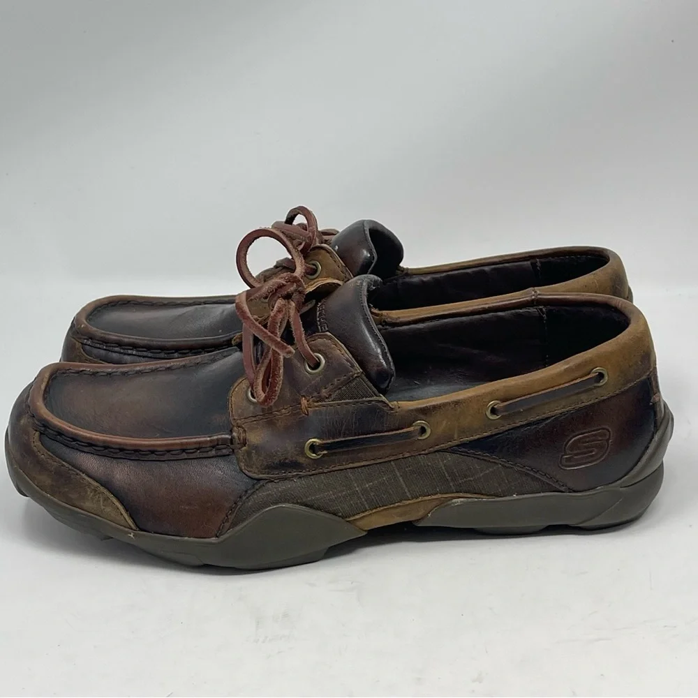 Skechers Boat Deck Shoes Mens 8 Brown Leather Casual 2 Eye Driving Moc Toe